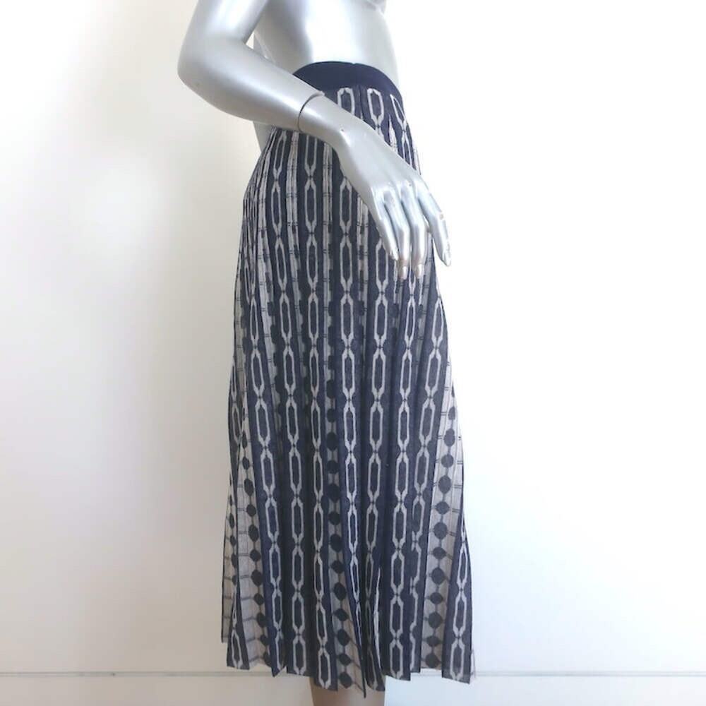 Tory Burch Pleated Knit Jacquard Midi Skirt Navy Link Print Size M